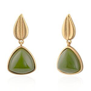 Women's Trendy Sterling Green Natural Jade Elegant Charm Leaf Stud Earring